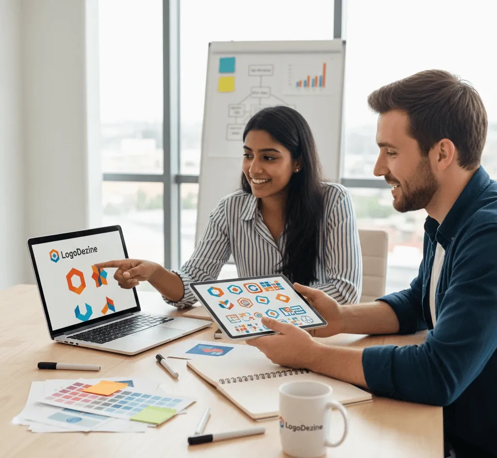 Startup founder collaborating with logo designer on sketches and digital logo drafts, representing effective communication in logo design services.