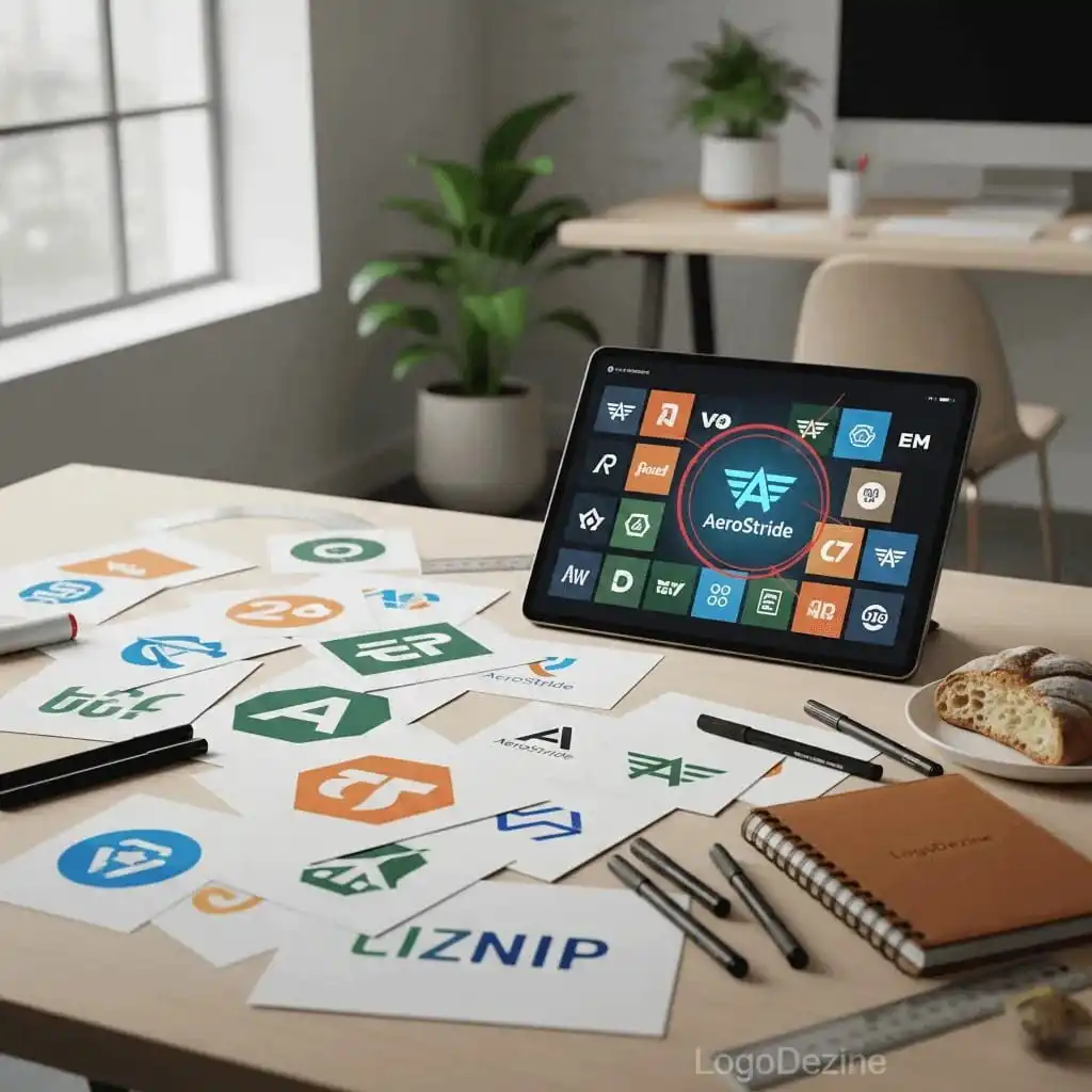Designer reviewing multiple startup logo concepts on desk and tablet, illustrating how to evaluate a logo designer’s portfolio