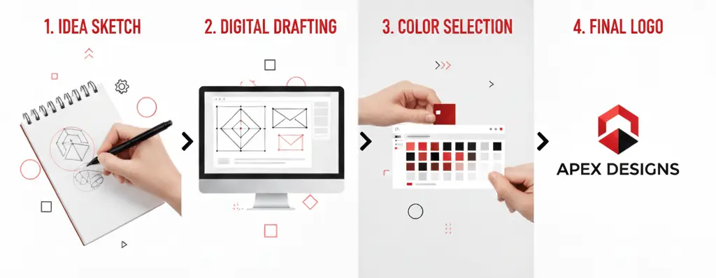 Visual representation of the company logo design process from concept to final branding